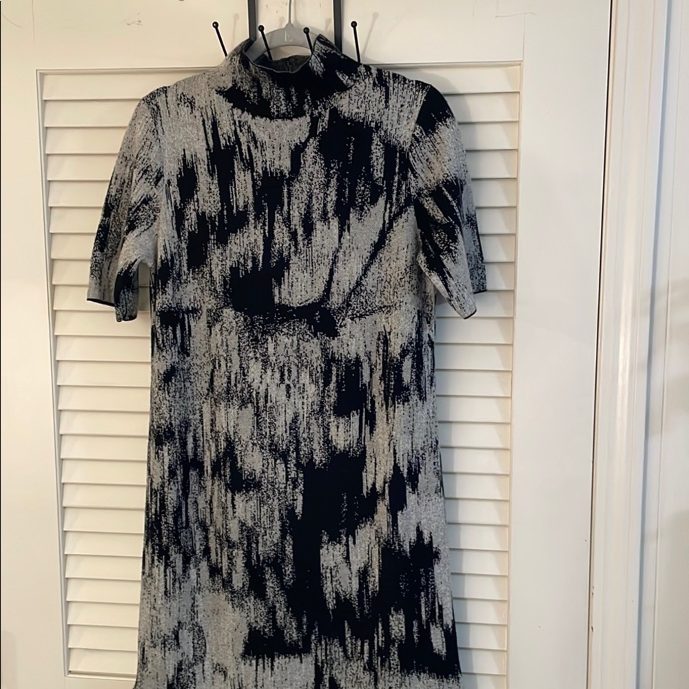 Lafayette 148NY Jacquard Stand Collar Black Gray Patterned Knit Side Slit Dress